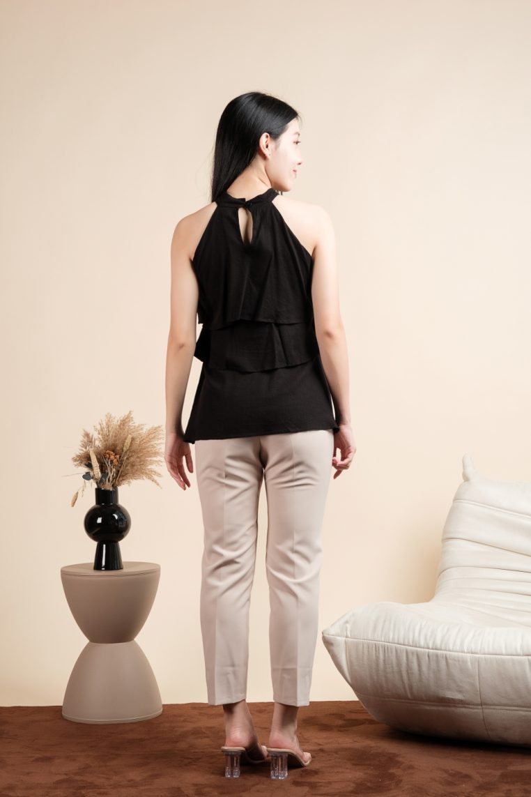 Linen Tiered Halter Blouse - Black - Image 8