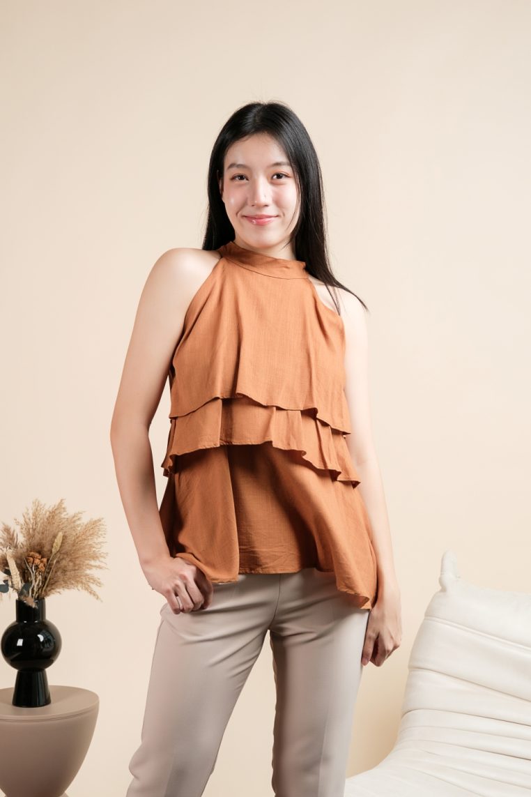Linen Tiered Halter Blouse - Burnt Orange - Image 11
