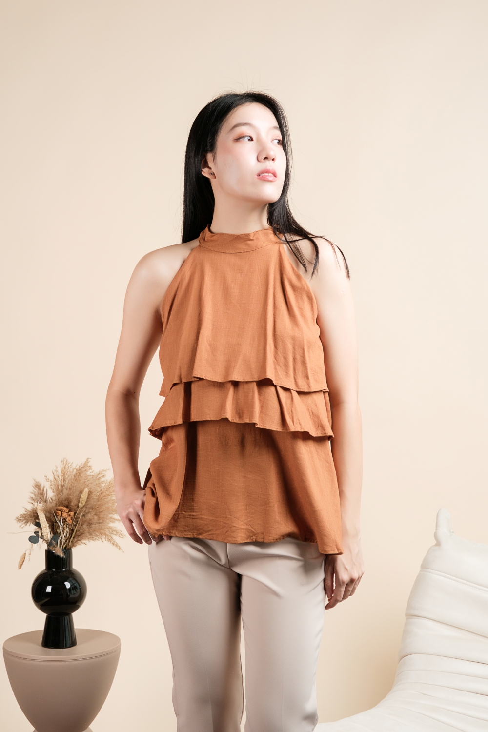 Linen Tiered Halter Blouse - Burnt Orange - Image 12