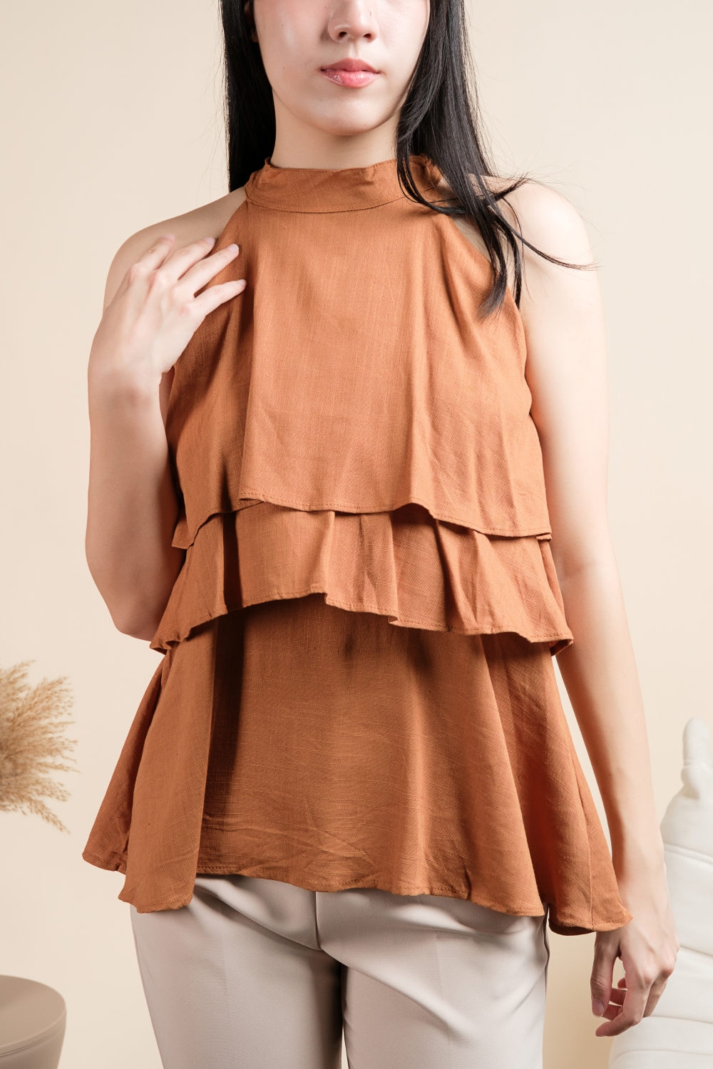 Linen Tiered Halter Blouse - Burnt Orange - Image 2