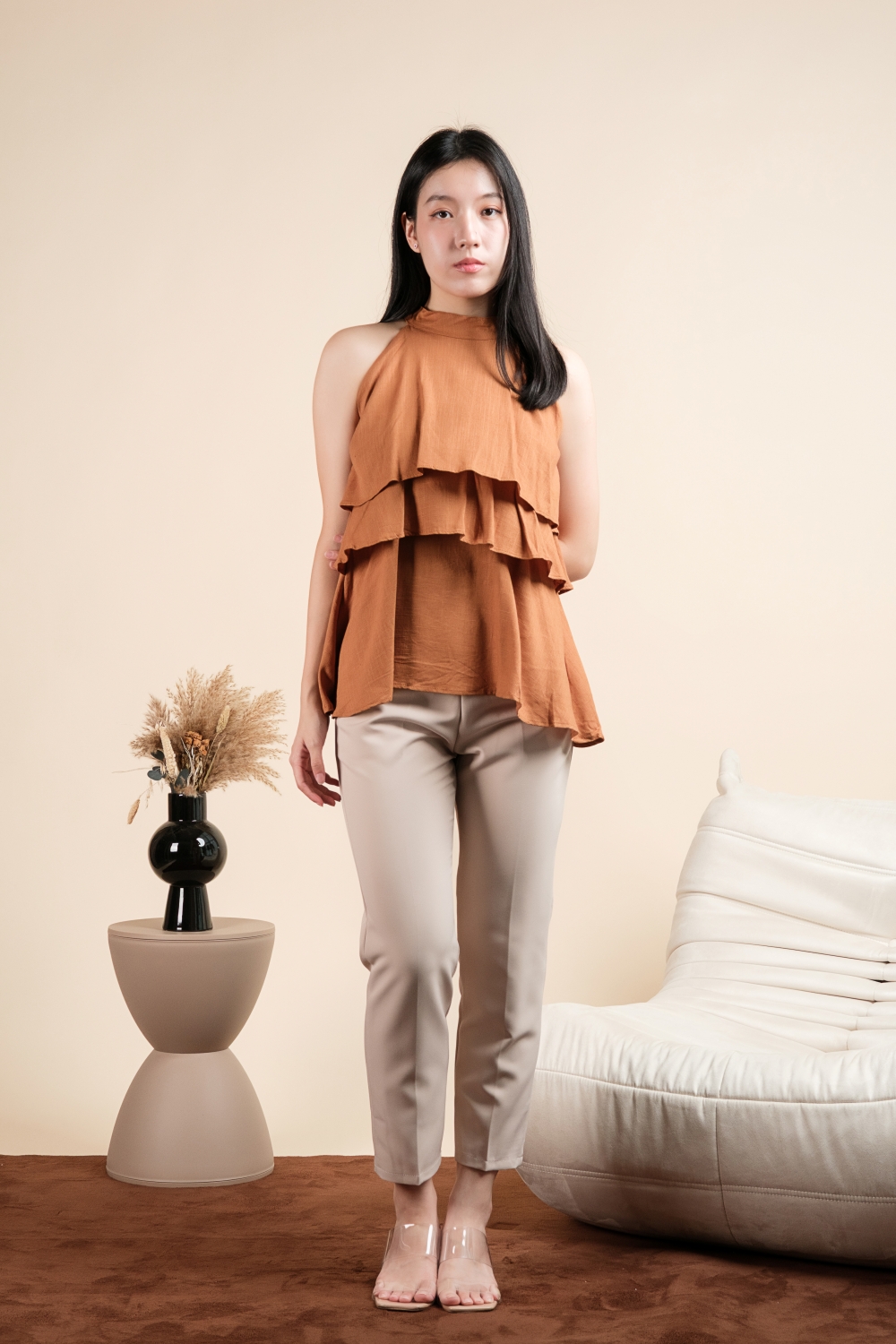 Linen Tiered Halter Blouse - Burnt Orange - Image 6