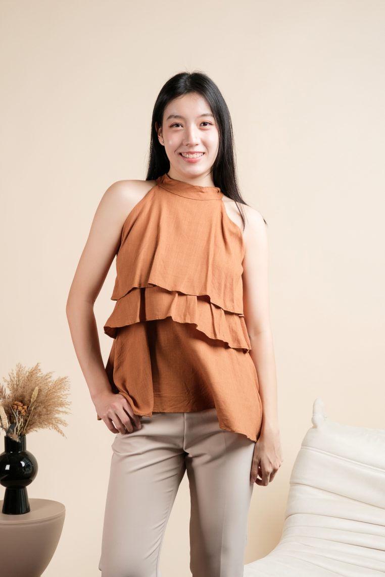 Linen Tiered Halter Blouse - Burnt Orange - Image 10