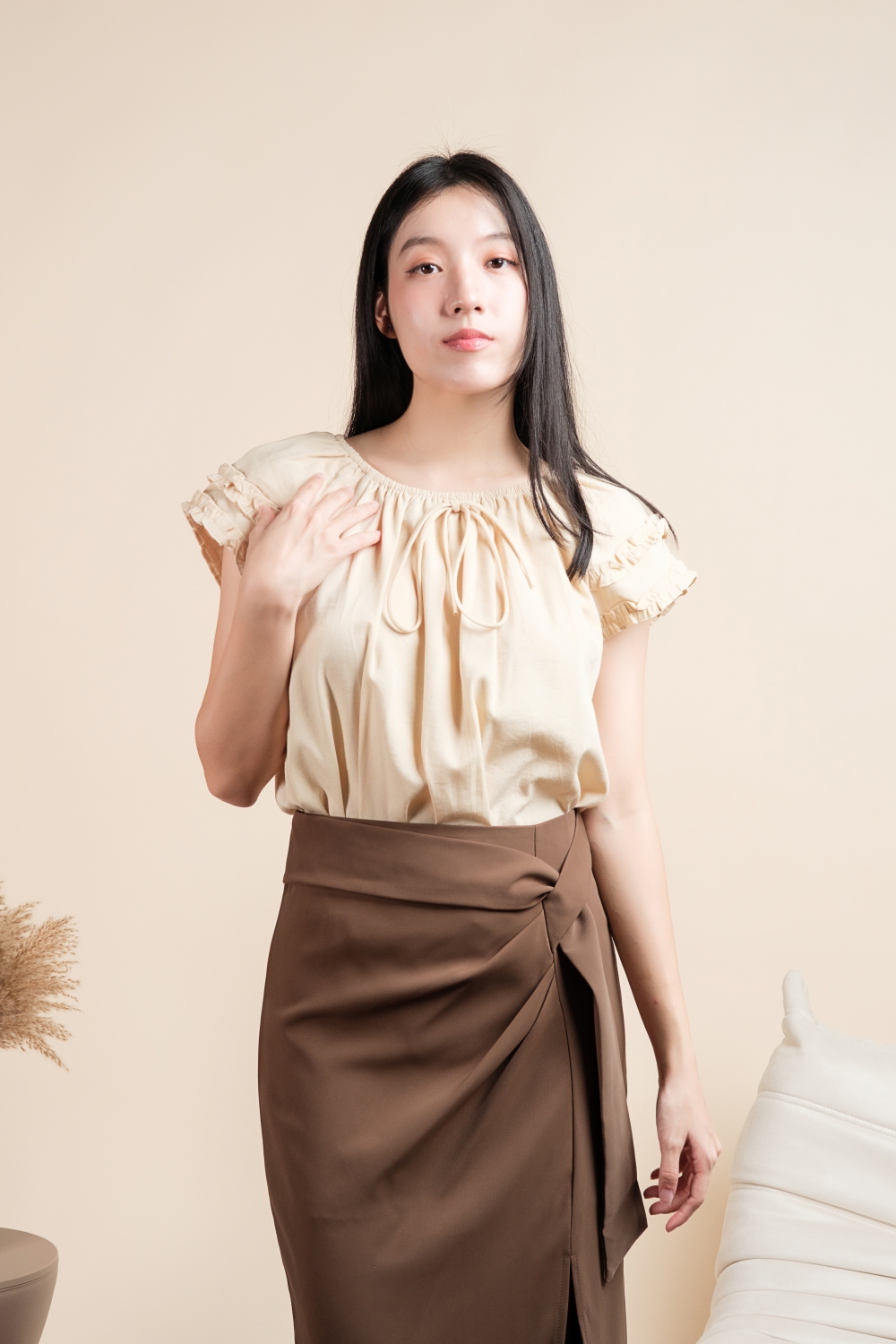 Ruffle Sleeve Linen Blouse - Beige - Image 2