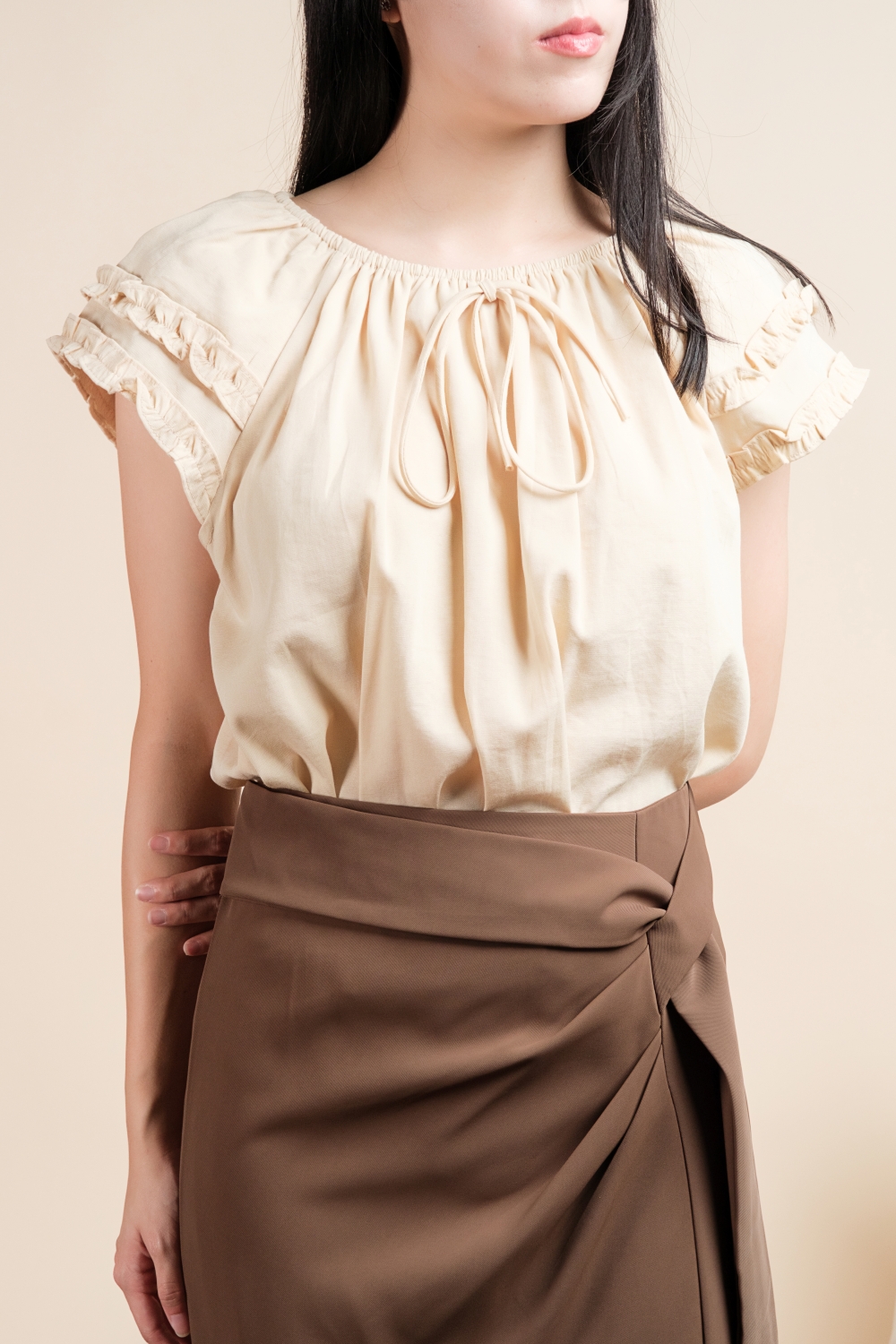 Ruffle Sleeve Linen Blouse - Beige - Image 4