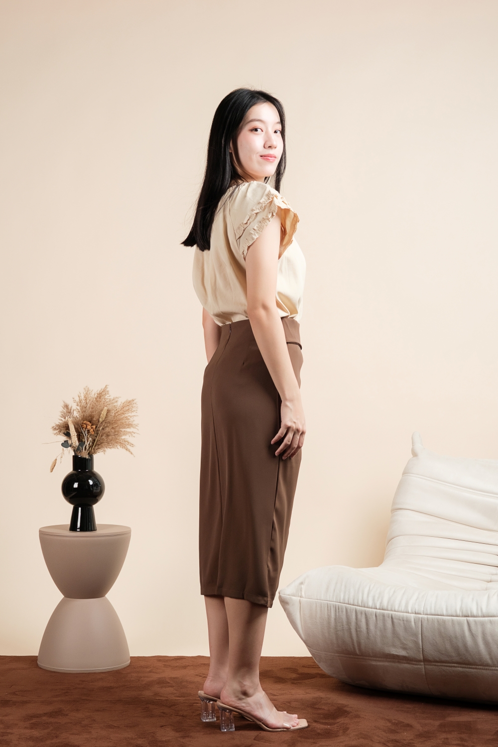 Ruffle Sleeve Linen Blouse - Beige - Image 8