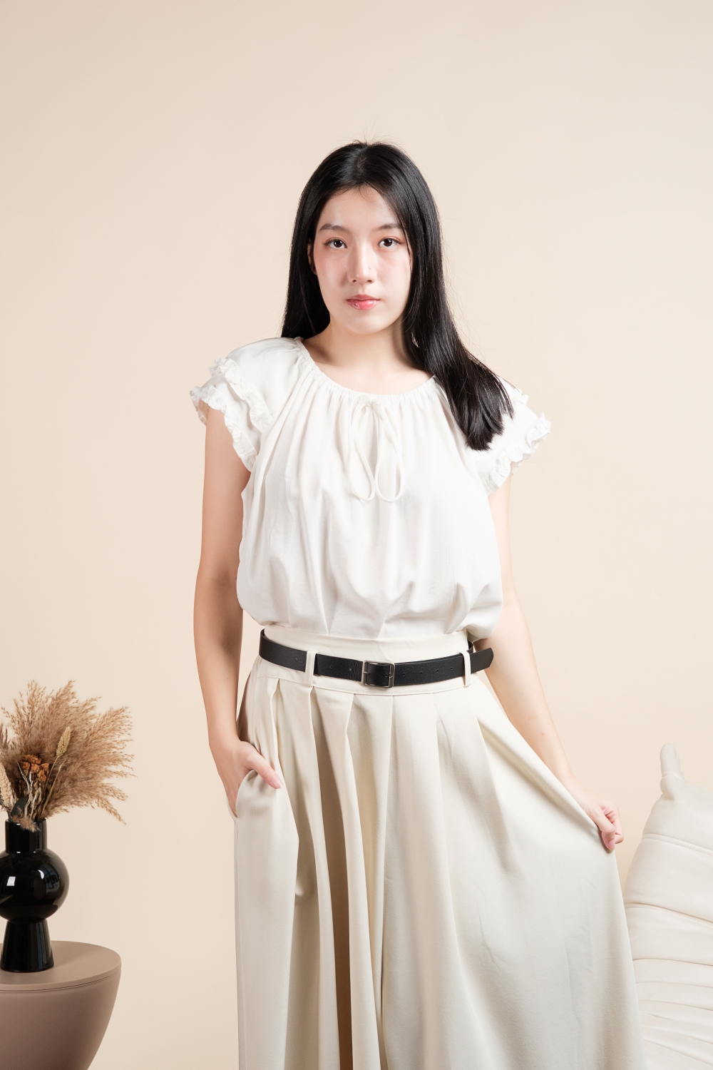 Ruffle Sleeve Linen Blouse - White - Image 5