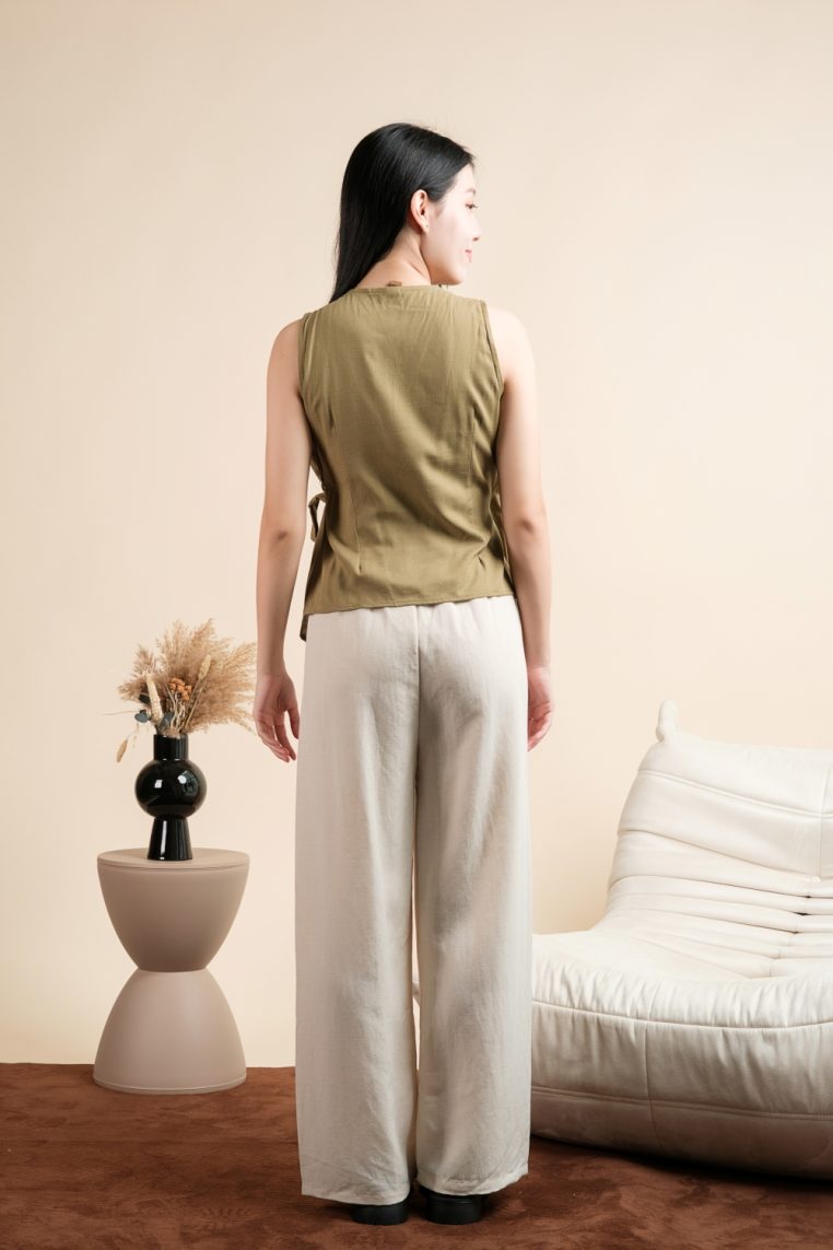 Linen Side Tie Vest - Olive - Image 9