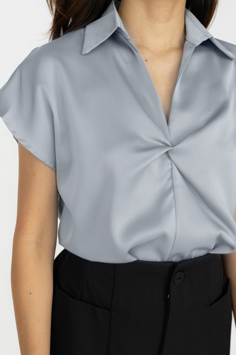 Twist Front Short Sleeve Satin Blouse - Grey - Image 7