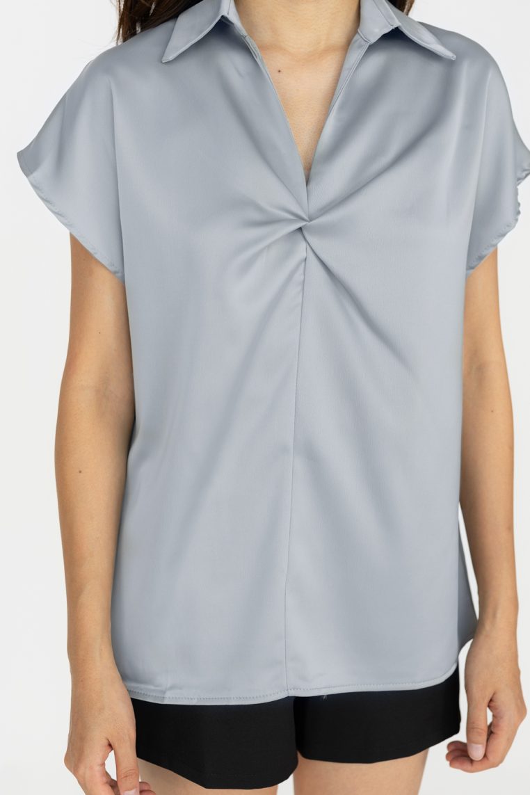 Alternative view of Twist Front Short Sleeve Satin Blouse - Grey
