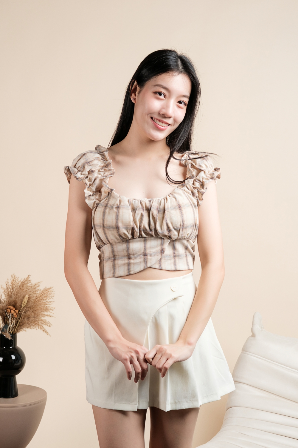 Plaid Padded Tie Back Crop Top - Beige