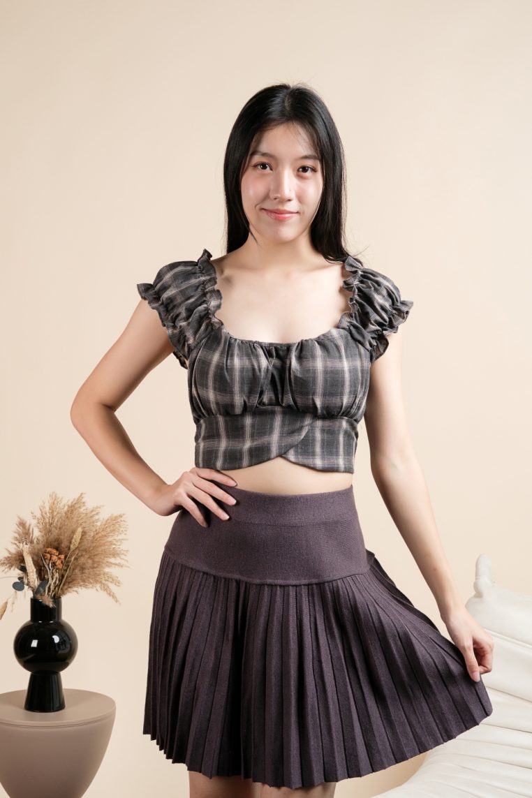 Plaid Padded Tie Back Crop Top - Black - Image 6
