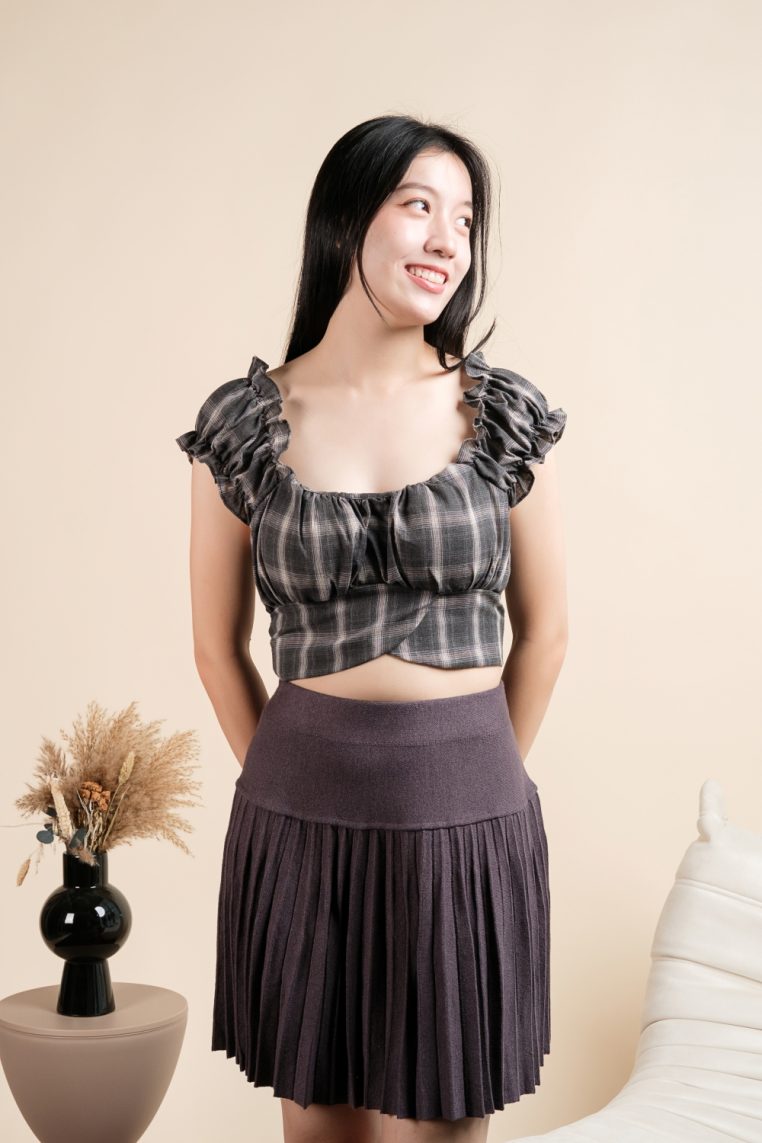 Plaid Padded Tie Back Crop Top - Black - Image 8