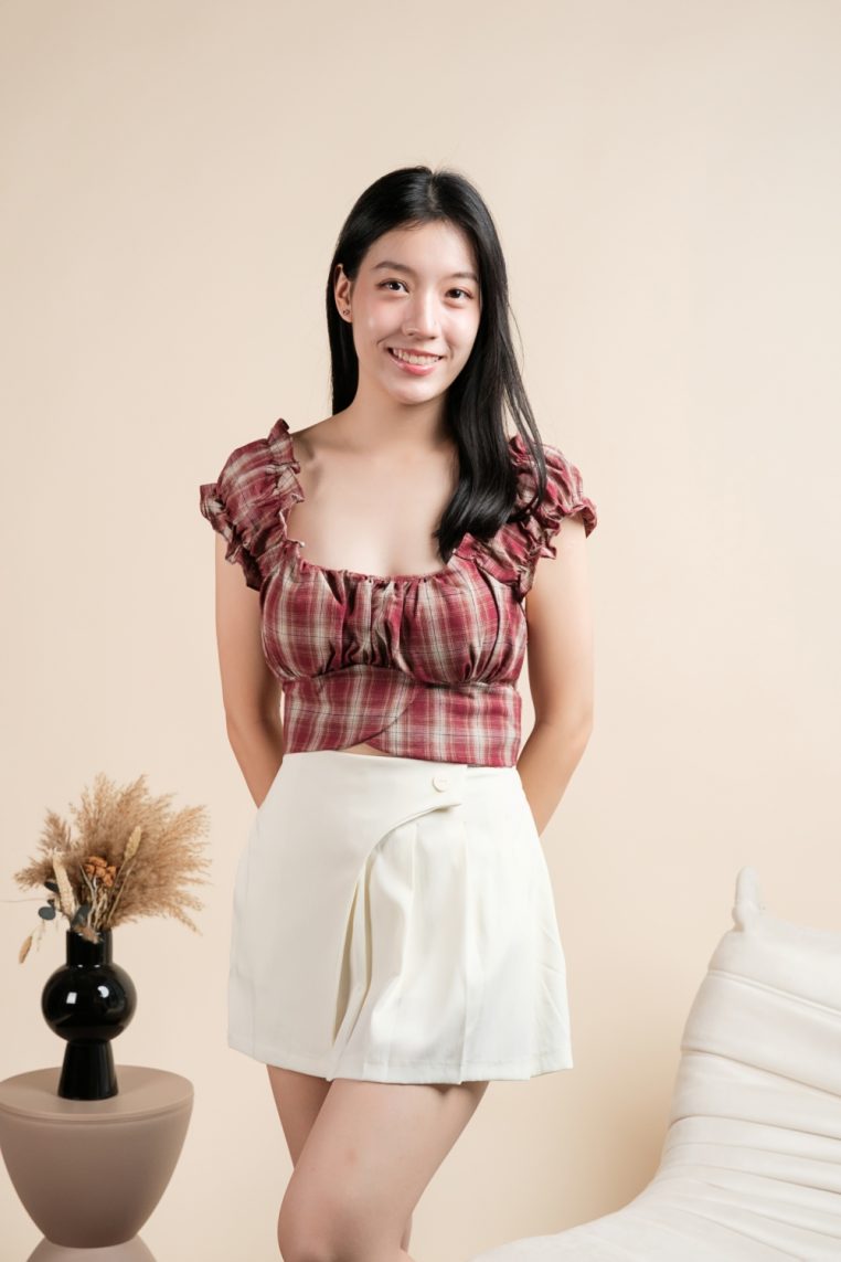 Plaid Padded Tie Back Crop Top - Maroon - Image 11