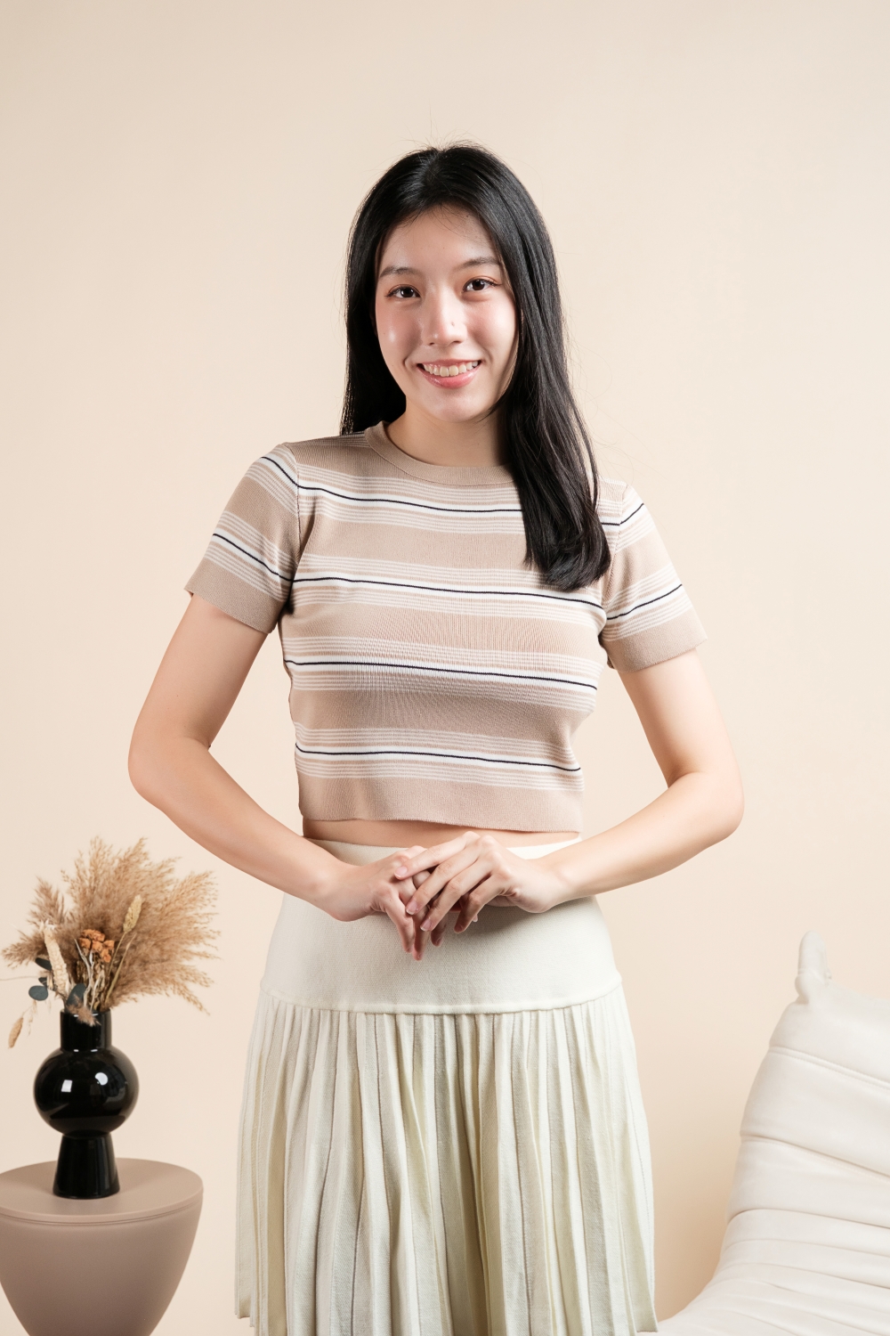 Preppy Striped Knit Crop Top - Beige - Image 10