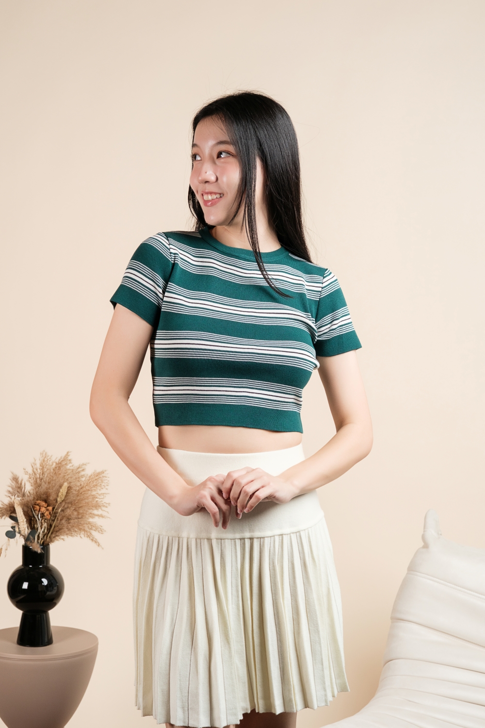 Preppy Striped Knit Crop Top - Forest Green - Image 10
