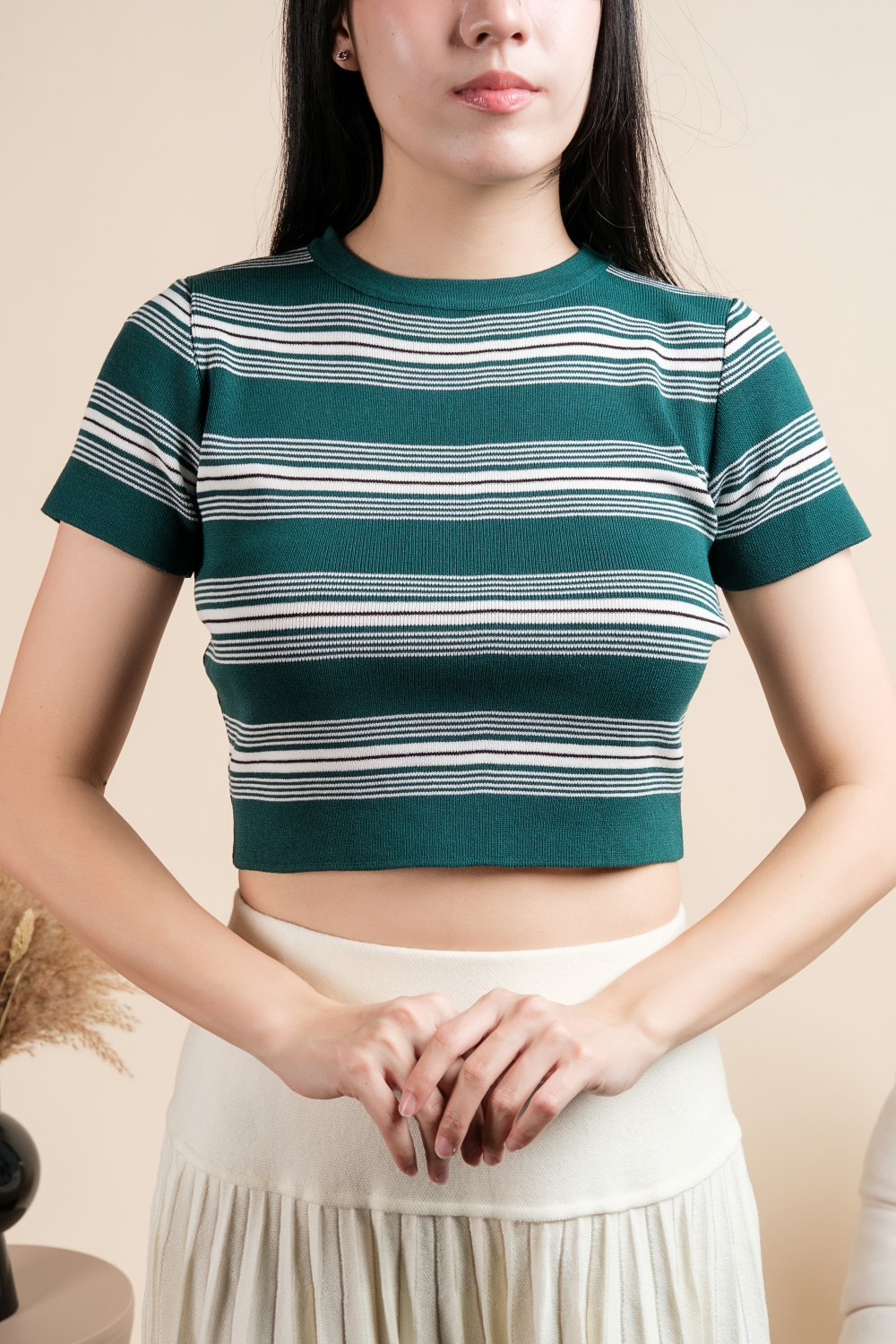Preppy Striped Knit Crop Top - Forest Green - Image 12