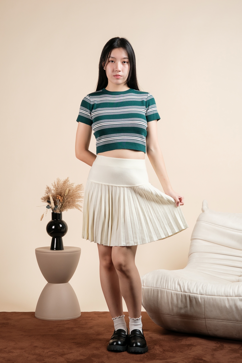 Preppy Striped Knit Crop Top - Forest Green - Image 3