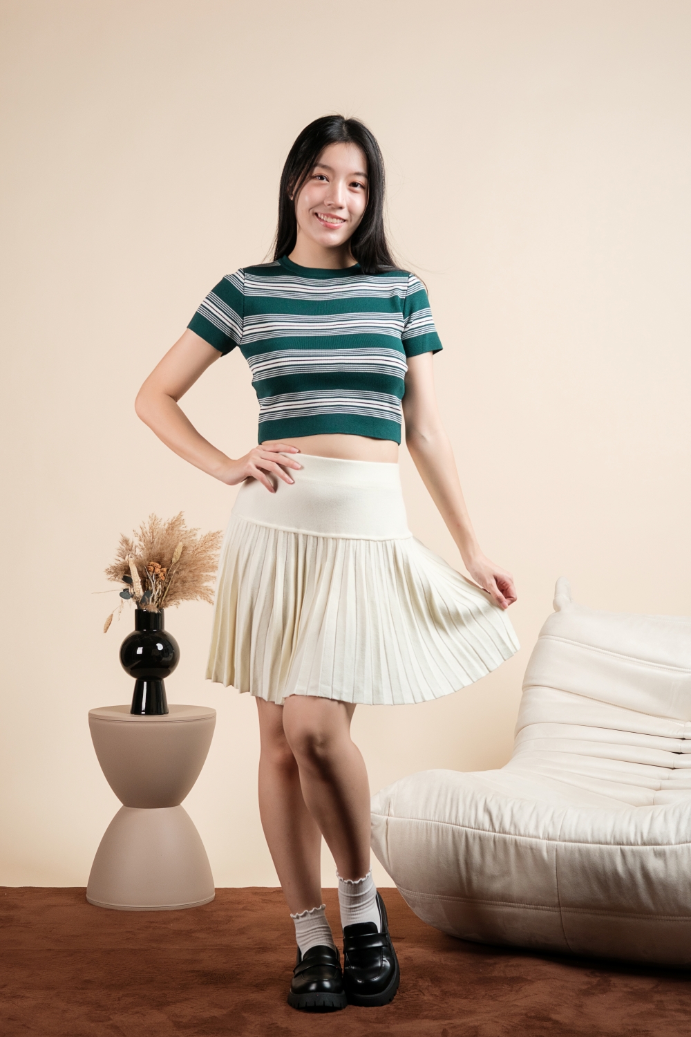 Preppy Striped Knit Crop Top - Forest Green - Image 6