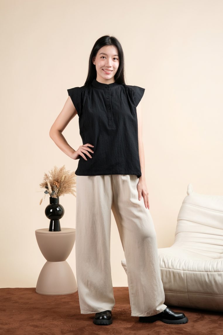 Mandarin Collar Linen Boxy Shirt - Black - Image 6