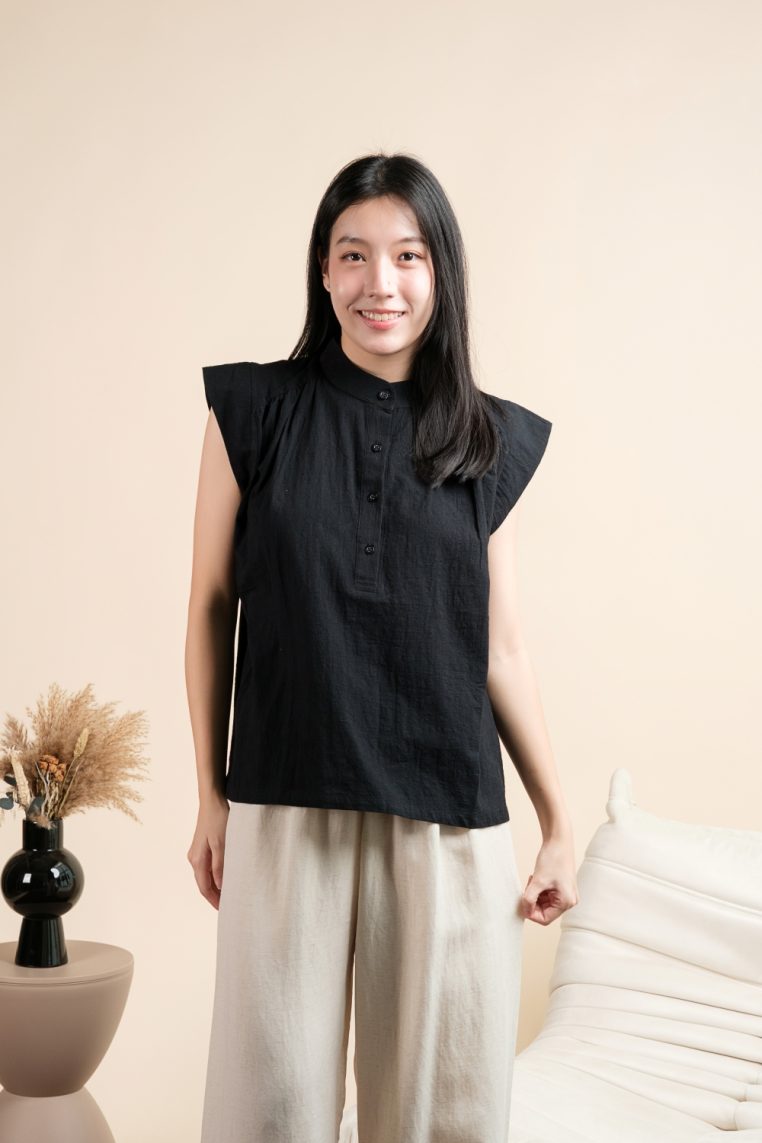 Mandarin Collar Linen Boxy Shirt - Black - Image 10