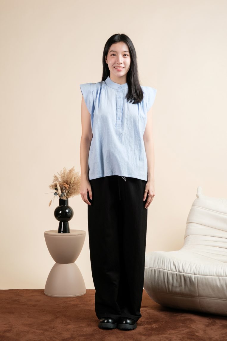 Mandarin Collar Linen Boxy Shirt - Blue - Image 3
