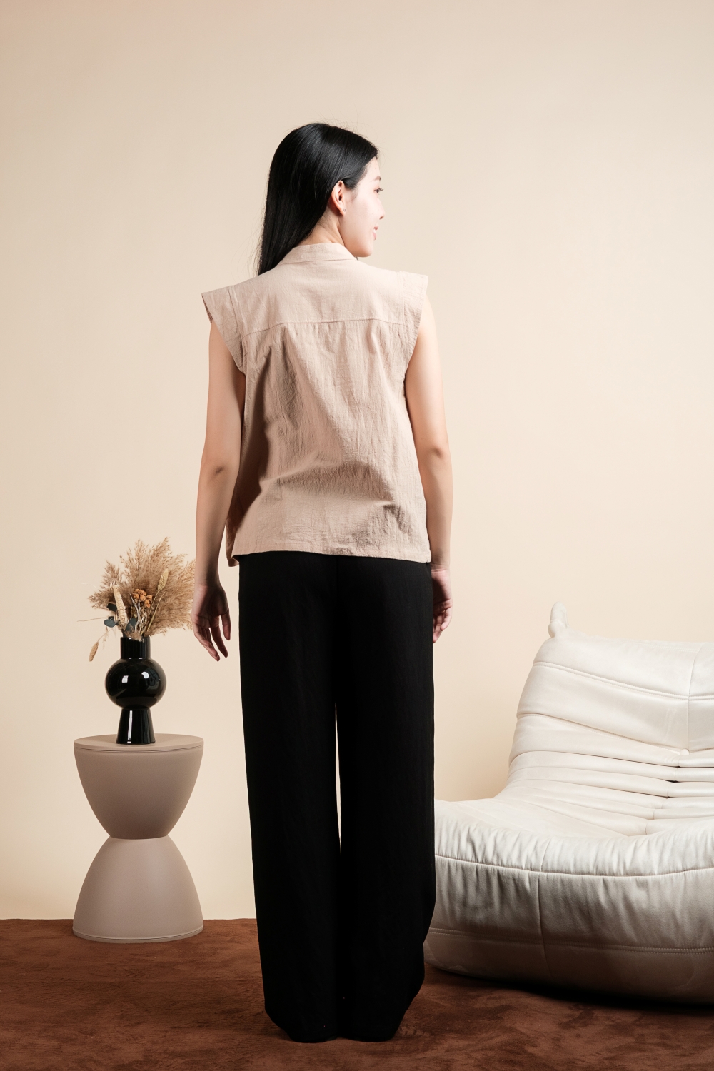 Mandarin Collar Linen Boxy Shirt - Khaki - Image 9