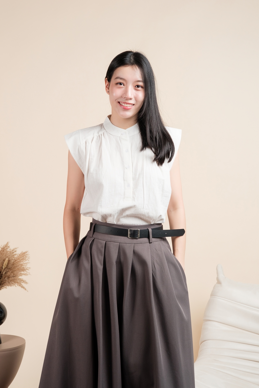 Mandarin Collar Linen Boxy Shirt - White - Image 5