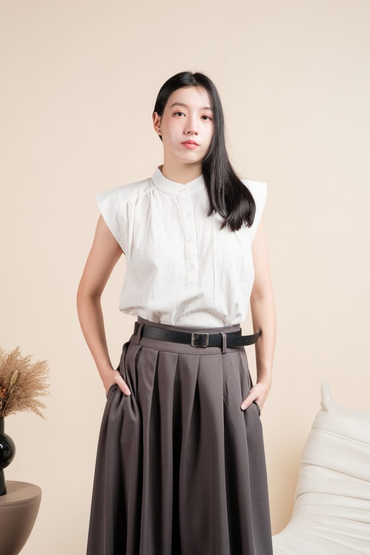 Mandarin Collar Linen Boxy Shirt - White