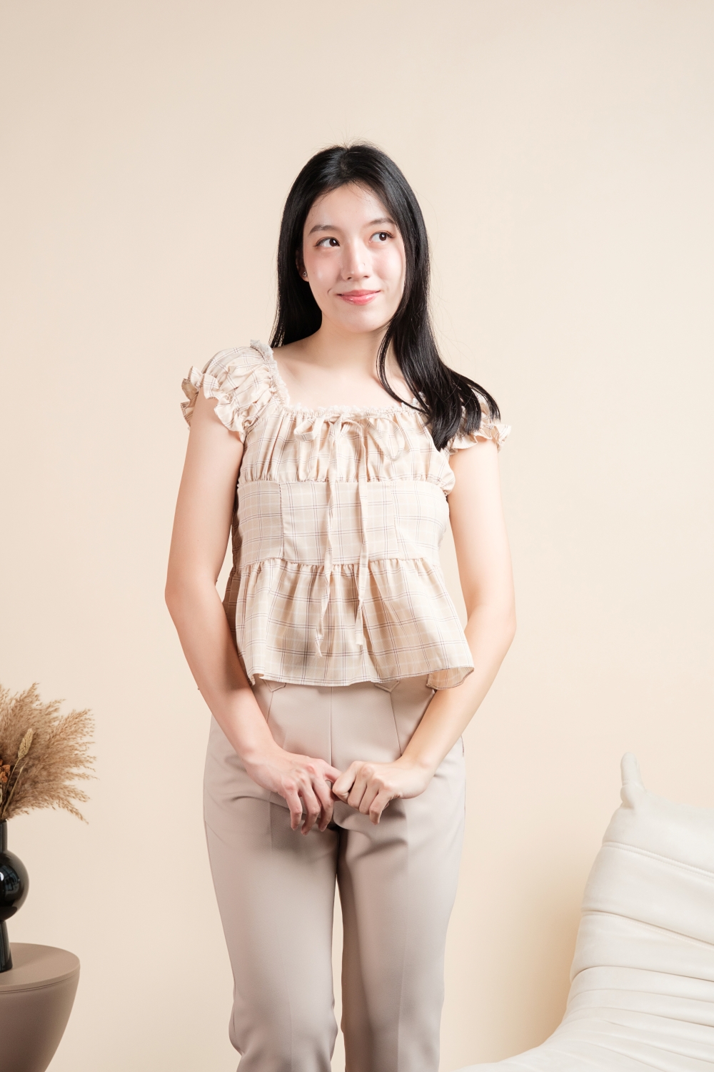 Plaid Smocked Peplum Top - Beige - Image 9