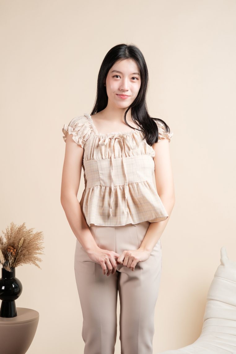 Plaid Smocked Peplum Top - Beige