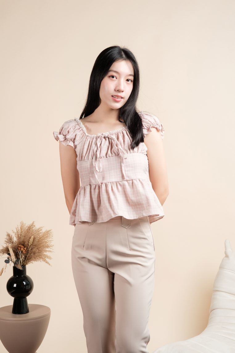 Plaid Smocked Peplum Top - Blush