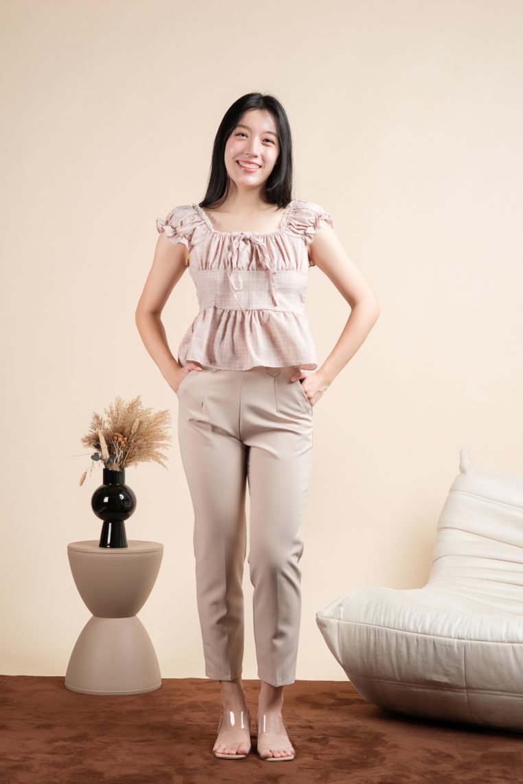 Plaid Smocked Peplum Top - Blush - Image 7