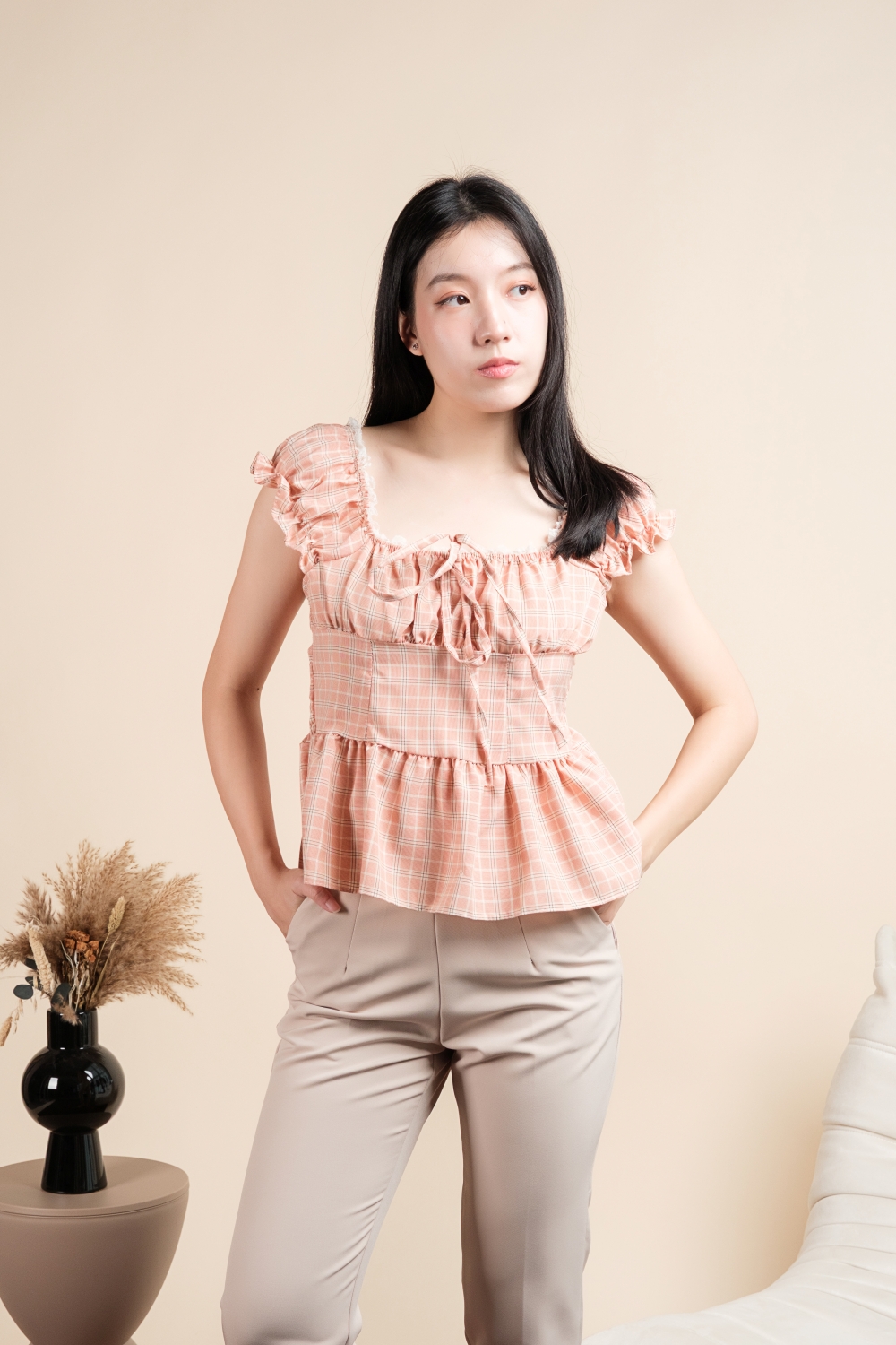Plaid Smocked Peplum Top - Orange