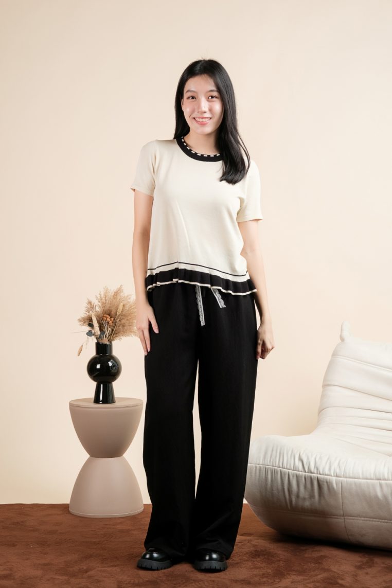 Colourblock Ruffle Knit Tee - Cream