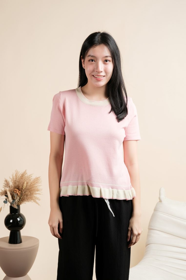 Colourblock Ruffle Knit Tee - Pink - Image 10