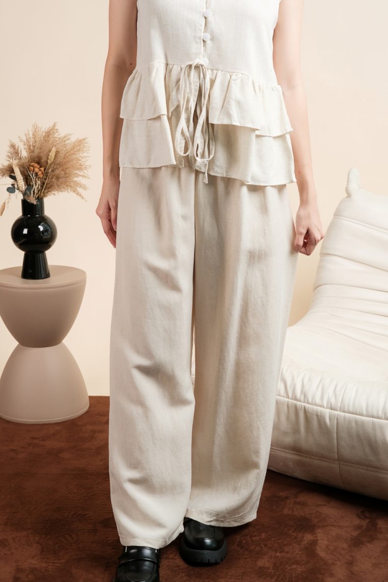 Linen Sleeveless Tiered Button Blouse - Beige - Image 13