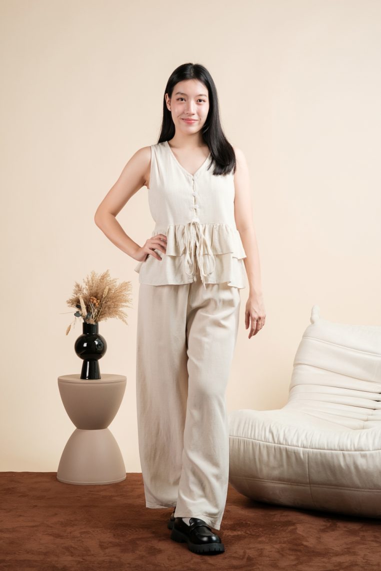 Linen Sleeveless Tiered Button Blouse - Beige - Image 4