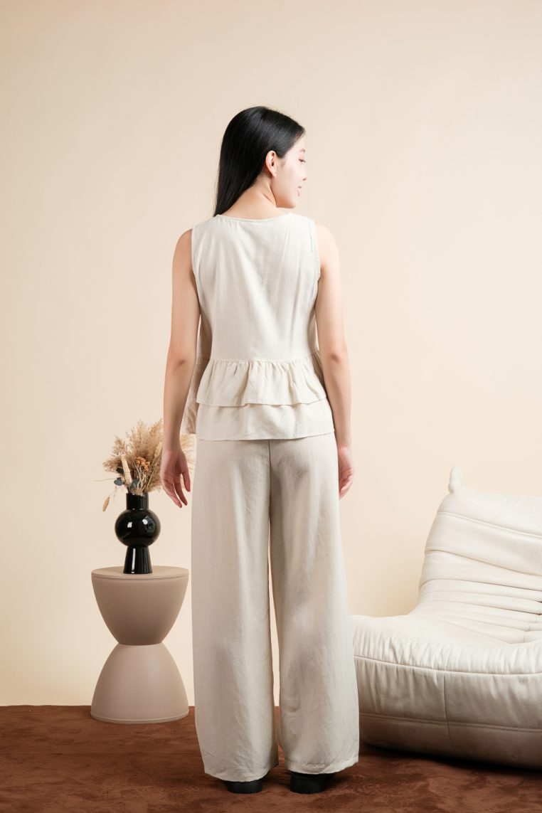 Linen Sleeveless Tiered Button Blouse - Beige - Image 9