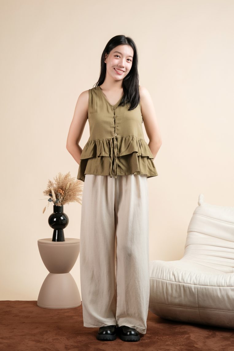 Linen Sleeveless Tiered Button Blouse - Olive - Image 6