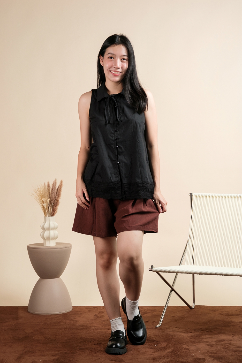 Cotton Sleeveless Lace Hem Shirt - Black - Image 5
