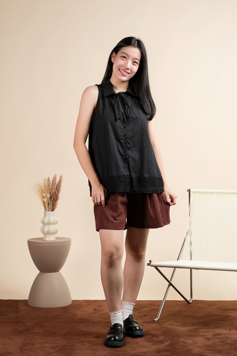 Cotton Sleeveless Lace Hem Shirt - Black - Image 6