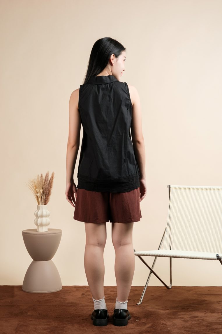 Cotton Sleeveless Lace Hem Shirt - Black - Image 9