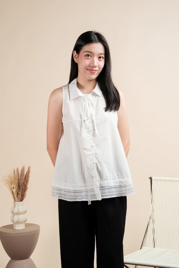 Cotton Sleeveless Lace Hem Shirt - White