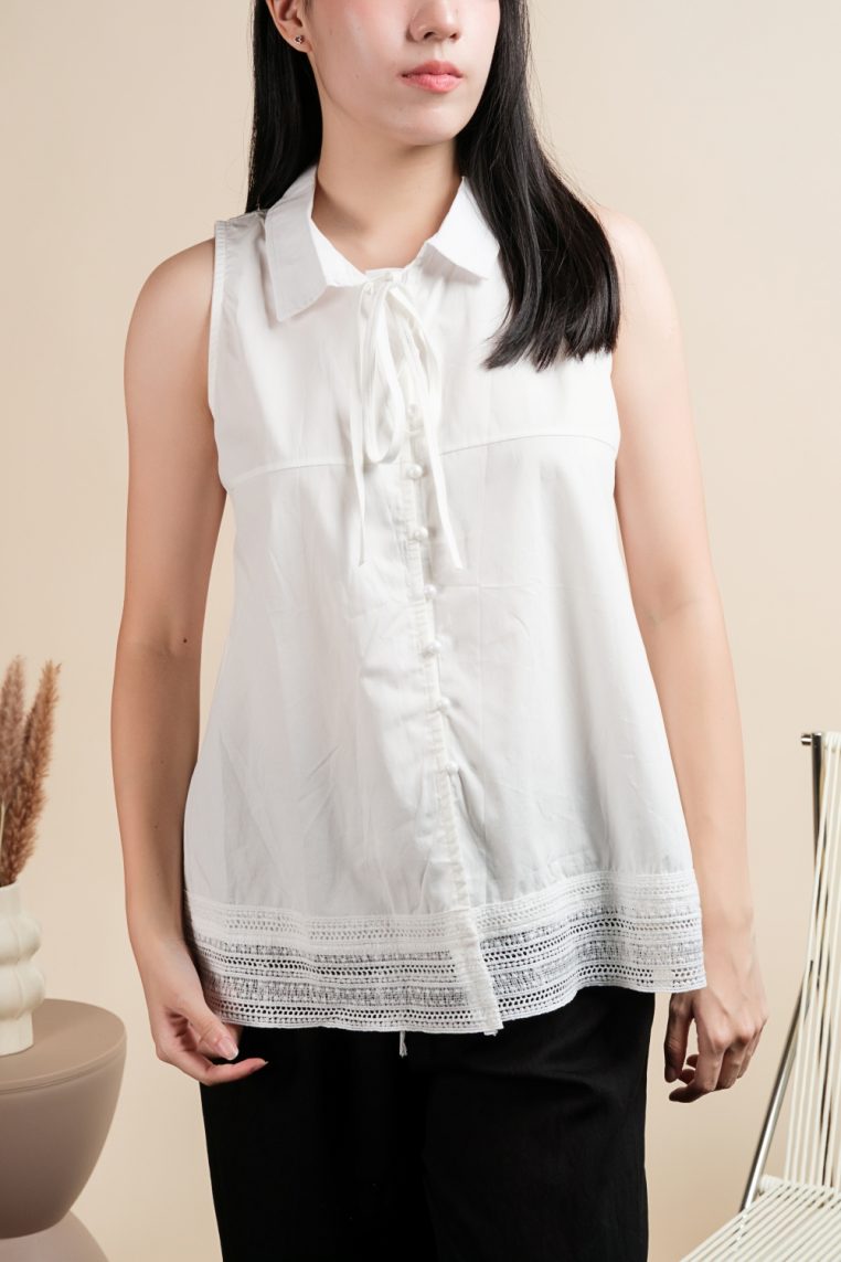 Cotton Sleeveless Lace Hem Shirt - White - Image 12