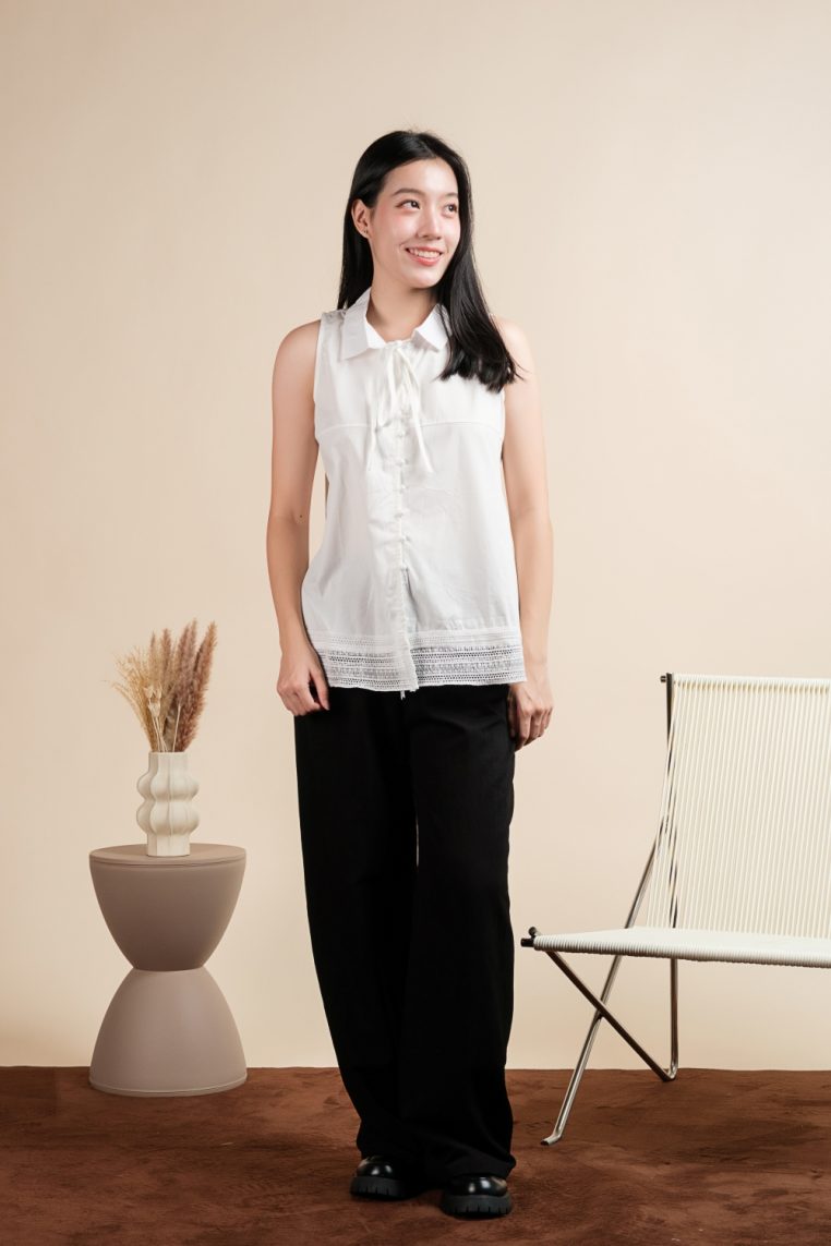 Cotton Sleeveless Lace Hem Shirt - White - Image 4
