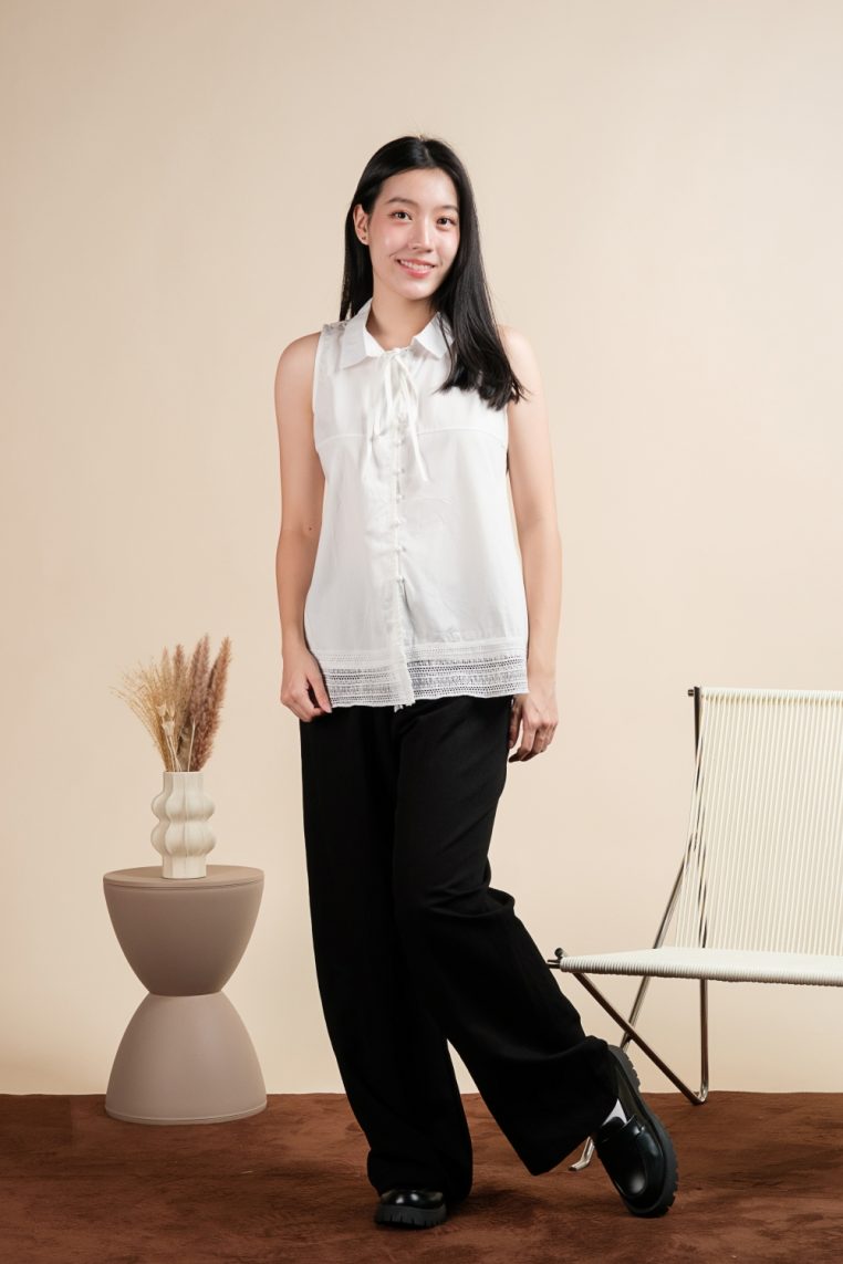 Alternative view of Cotton Sleeveless Lace Hem Shirt - White