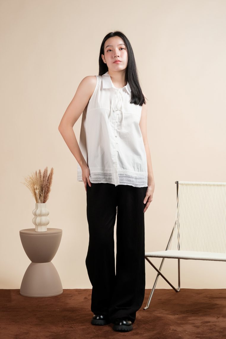 Cotton Sleeveless Lace Hem Shirt - White - Image 5