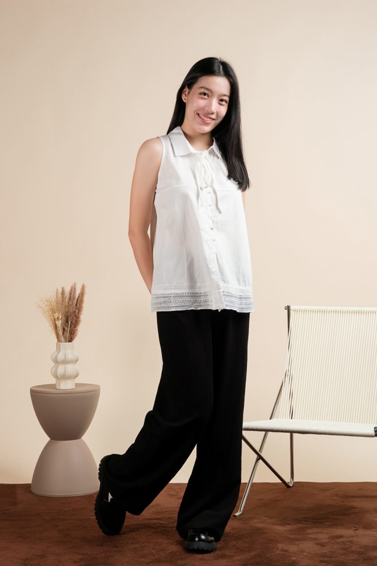 Cotton Sleeveless Lace Hem Shirt - White - Image 6