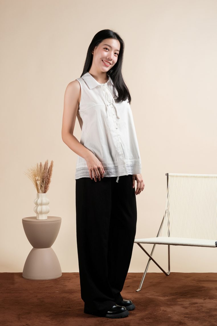 Cotton Sleeveless Lace Hem Shirt - White - Image 8
