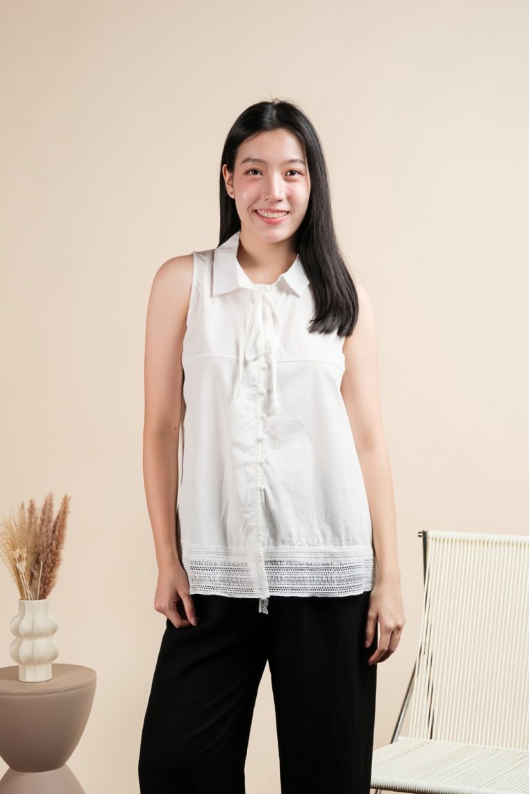 Cotton Sleeveless Lace Hem Shirt - White - Image 10